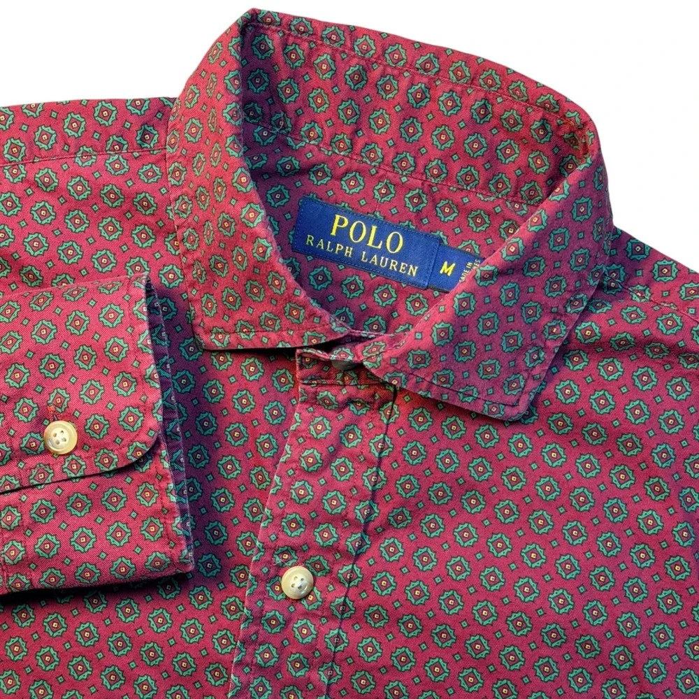 Polo Ralph Lauren Button Down Mens M Burgundy‎ Geometric Medallion Cotton Shirt